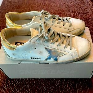 Golden Goose sneakers, size 38/8 women’s, white, silver and gold